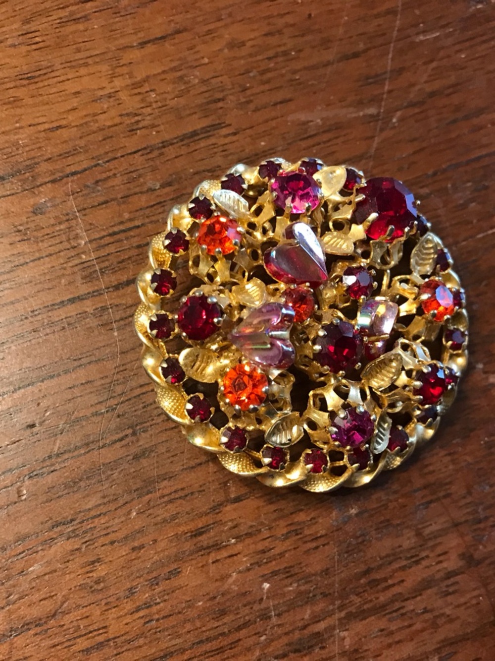 VTG Austria Brooch with Red & Orange Prong Set Gems